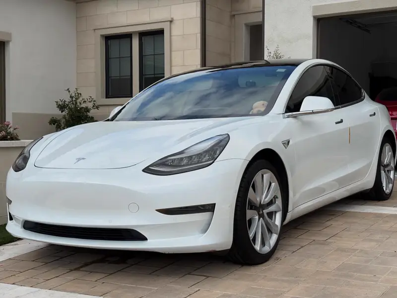 A white Tesla Model 3 in a driveway after detailing